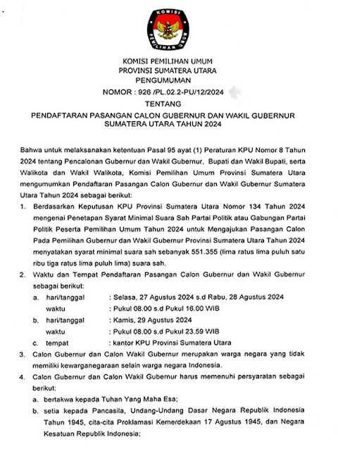 KPU Sumut Umumkan Tahapan Pendaftaran Pasangan Calon Gubernur dan Wakil Gubernur Sumut 2024