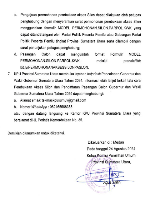 KPU Sumut Umumkan Tahapan Pendaftaran Pasangan Calon Gubernur dan Wakil Gubernur Sumut 2024