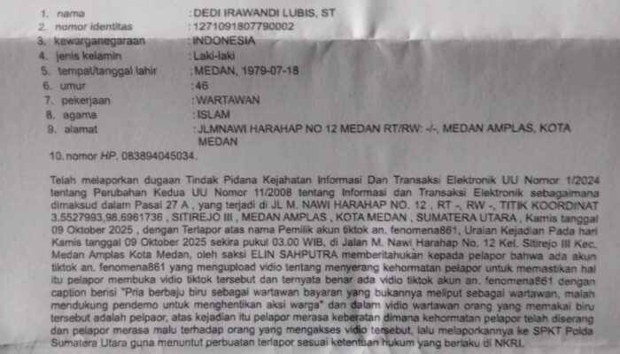 Wartawan Medan Laporkan Akun TikTok ke Polda Sumut. Diduga Cemarkan Nama Baik